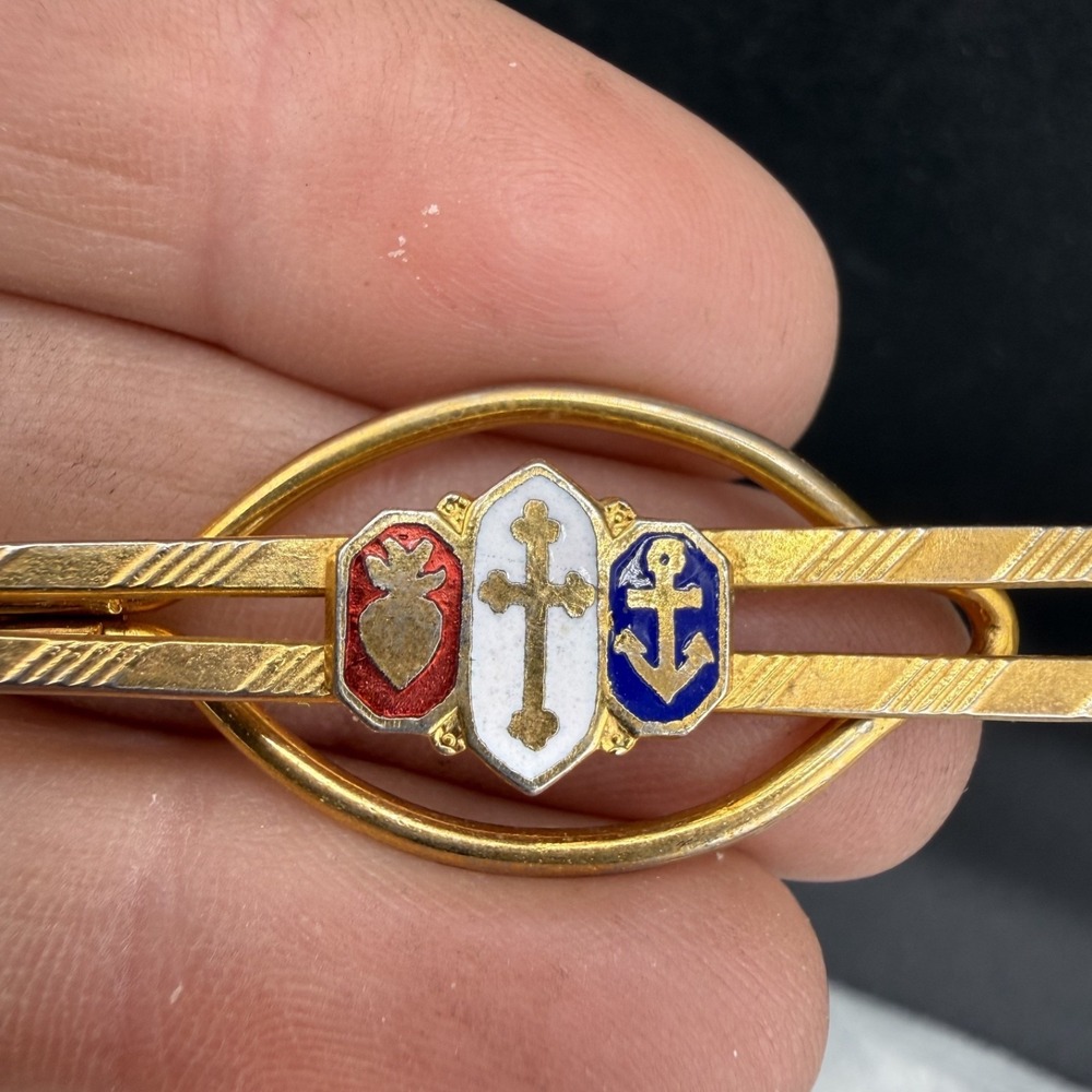 Vintage Tie Bar Gold Tone Religious Anchor Sacred Heart‎ Cross Dad Gift